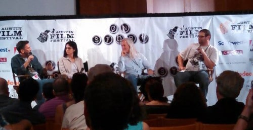 Al Rodriguez moderates an Austin Film Festival  panel with Rick Jaffa, Amanda Silver, and Mick Garris