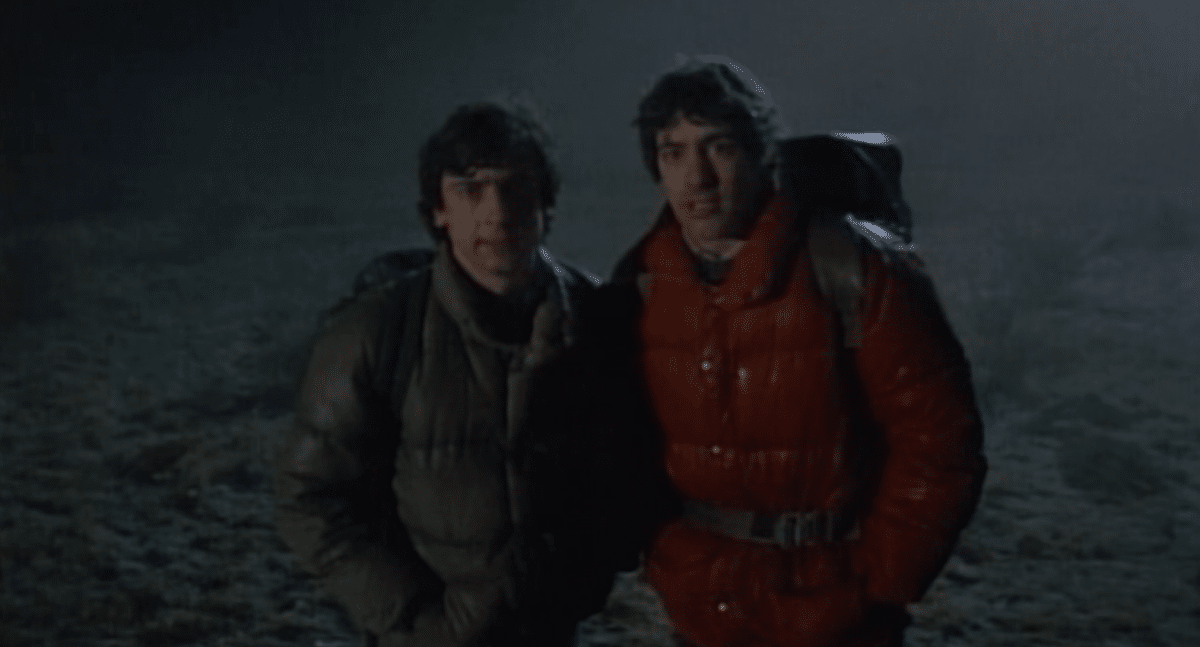 Jack Goodman (Griffin Dunne) and David Kessler (David Naughton) face down the lycanthropic curse together in An American Werewolf in London (1981).