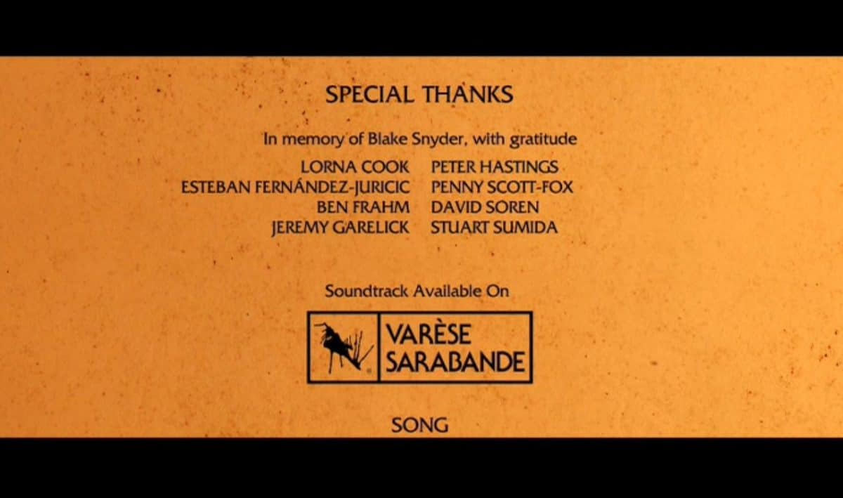 The end credits of How to Train Your Dragon, dedicating the film to Blake Snyder and thanking Master Cats Ben Frahm and Jeremy Garelick.